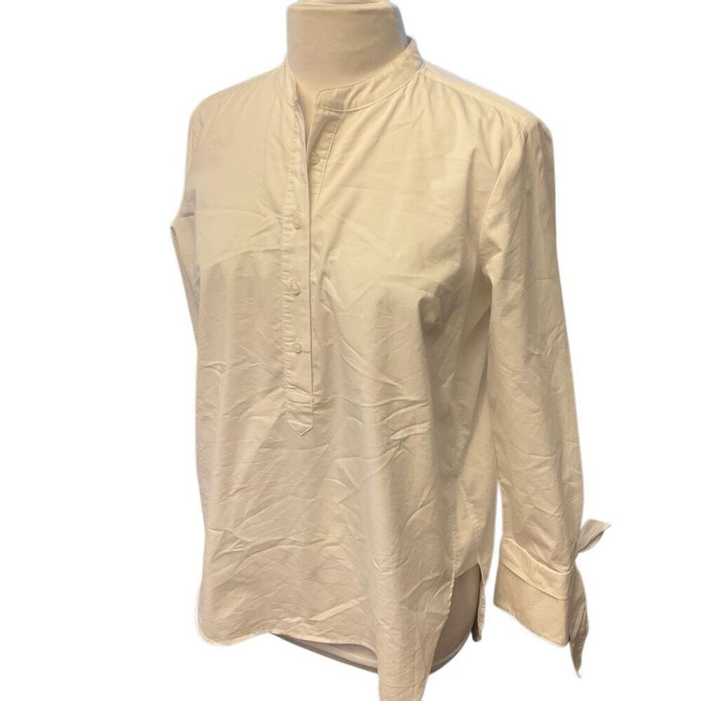 Marled Casual Crisp White Mandarin Collar Beachy Half Button Blouse, M
